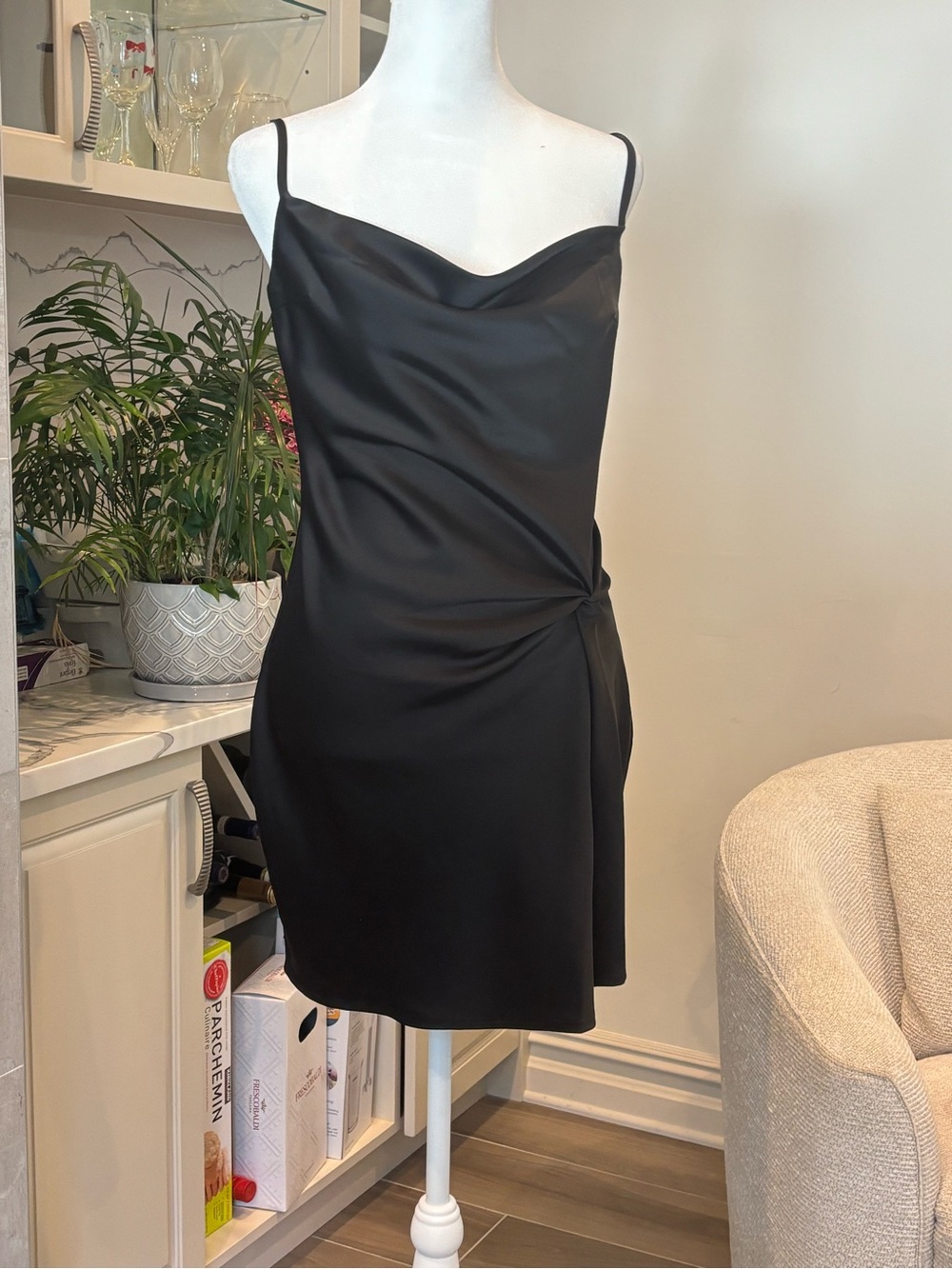 glam Black Satin Cowl-Front Mini Dress